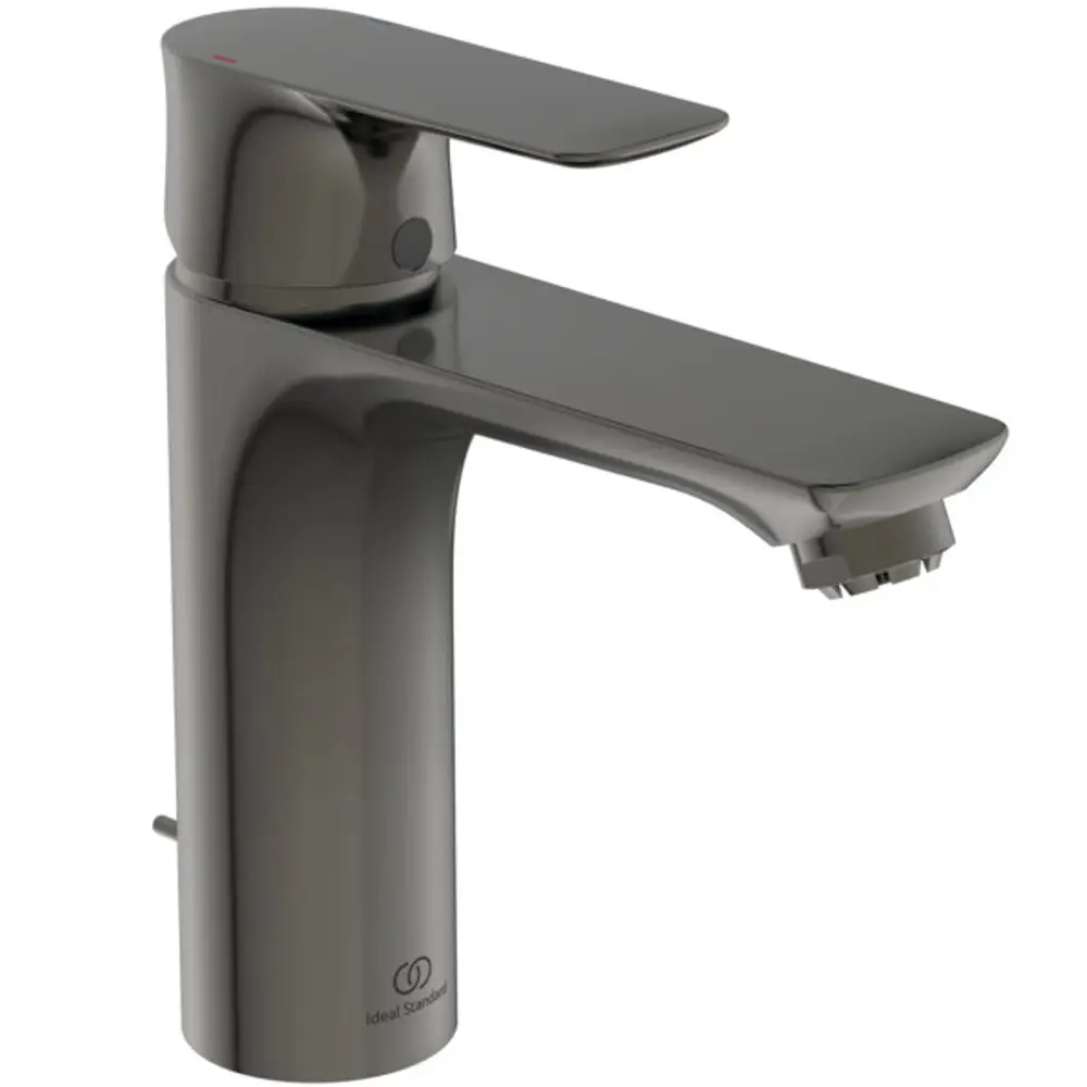 Ein Wasserhahn von Ideal Standard in einem modernen Design mit flacher Oberfläche und Hebelbedienung, präsentiert in einem schlichten, grauen Finish.